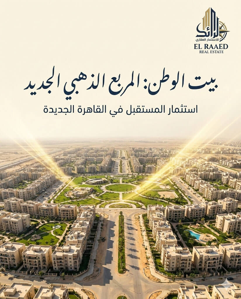 مخطط عمراني لمنطقة بيت الوطن التجمع الخامس (المربع الذهبي) مع شعار شركة الرائد للاستثمار العقاري